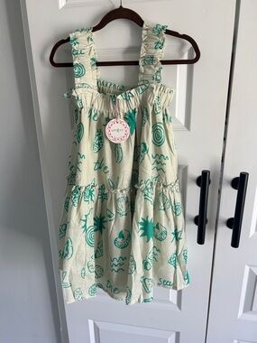 Umgee Cream Dress with Teal Seaside Print and Ruffle Straps small